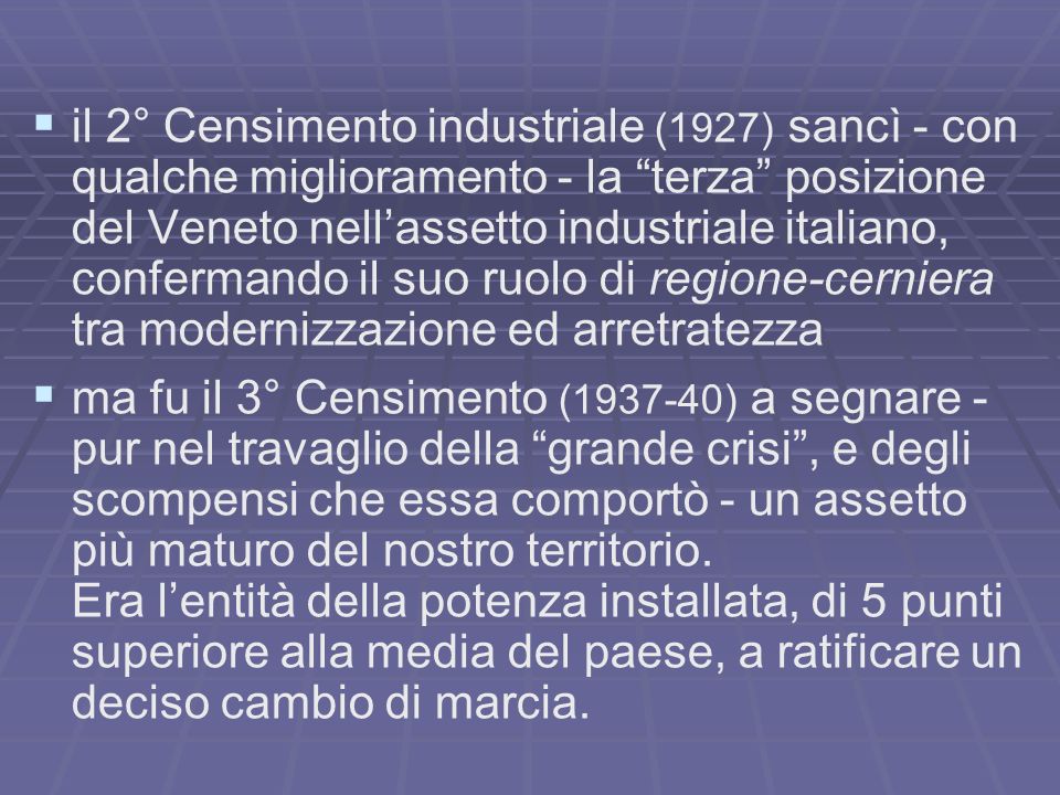 il 2° Censimento industriale (1927) sancì - con qualche miglioramento - la terza posizione del Veneto nellassetto industriale italiano, confermando il suo ruolo di regione-cerniera tra modernizzazione ed arretratezza ma fu il 3° Censimento ( ) a segnare - pur nel travaglio della grande crisi, e degli scompensi che essa comportò - un assetto più maturo del nostro territorio.