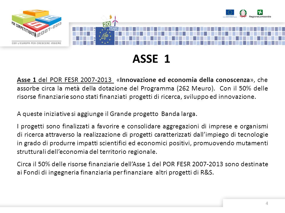 ASSE 1 4 Asse 1 del POR FESR «Innovazione ed economia della conoscenza», che assorbe circa la metà della dotazione del Programma (262 Meuro).