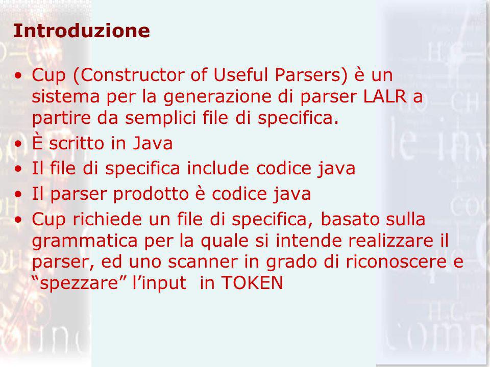 Introduzione Cup (Constructor of Useful Parsers) è un sistema per la generazione di parser LALR a partire da semplici file di specifica.