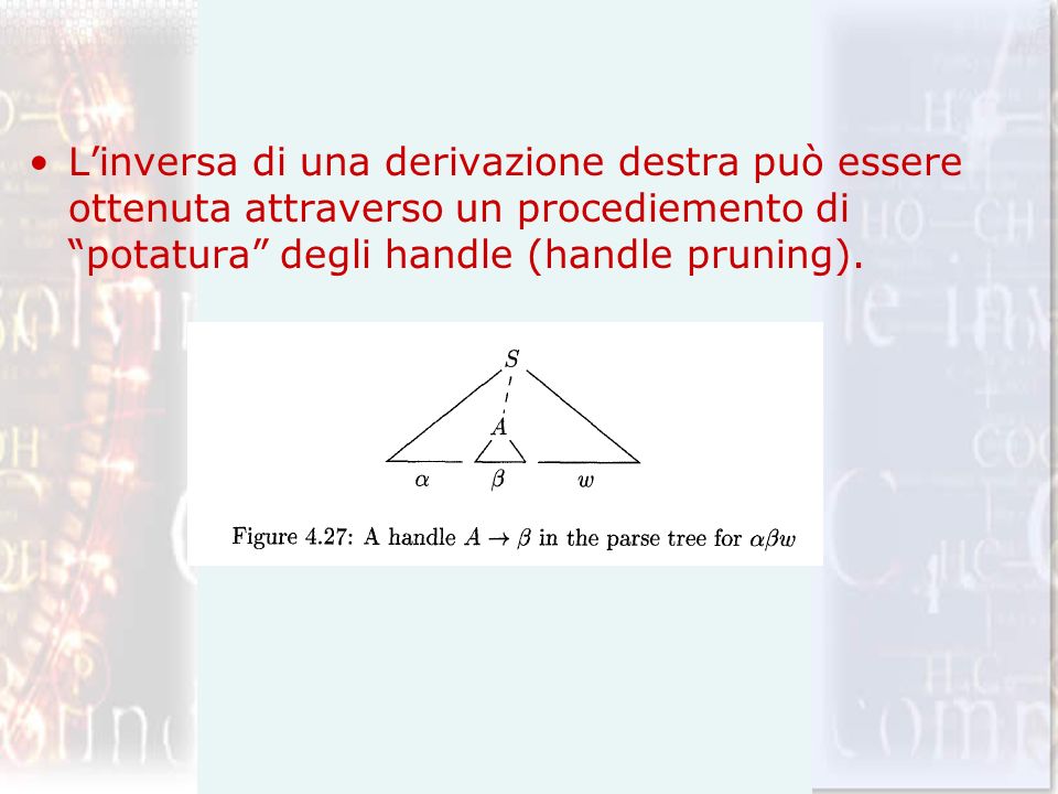 Linversa di una derivazione destra può essere ottenuta attraverso un procediemento di potatura degli handle (handle pruning).