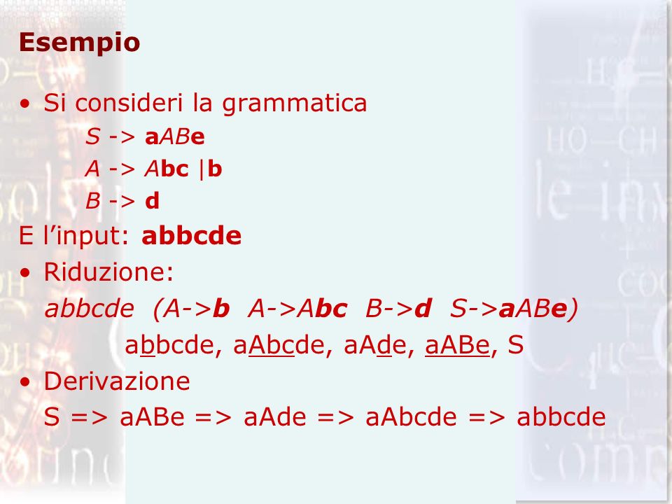 Esempio Si consideri la grammatica S -> aABe A -> Abc |b B -> d E linput: abbcde Riduzione: abbcde(A->b A->Abc B->d S->aABe) abbcde, aAbcde, aAde, aABe, S Derivazione S => aABe => aAde => aAbcde => abbcde