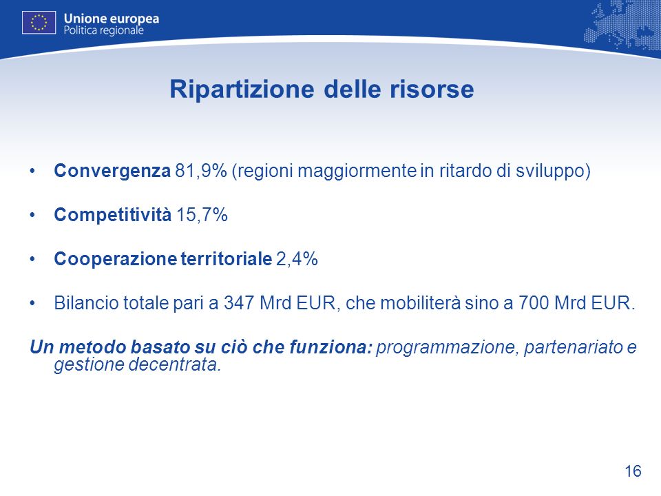 16 Ripartizione delle risorse Convergenza 81,9% (regioni maggiormente in ritardo di sviluppo) Competitività 15,7% Cooperazione territoriale 2,4% Bilancio totale pari a 347 Mrd EUR, che mobiliterà sino a 700 Mrd EUR.