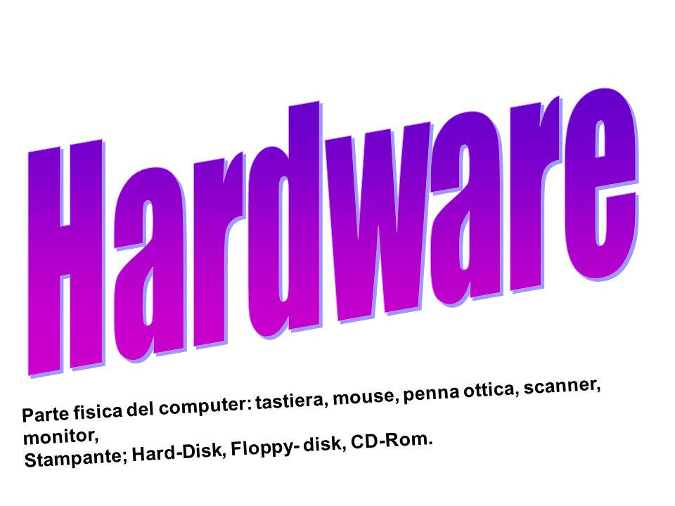 Parte fisica del computer: tastiera, mouse, penna ottica, scanner, monitor, Stampante; Hard-Disk, Floppy- disk, CD-Rom.