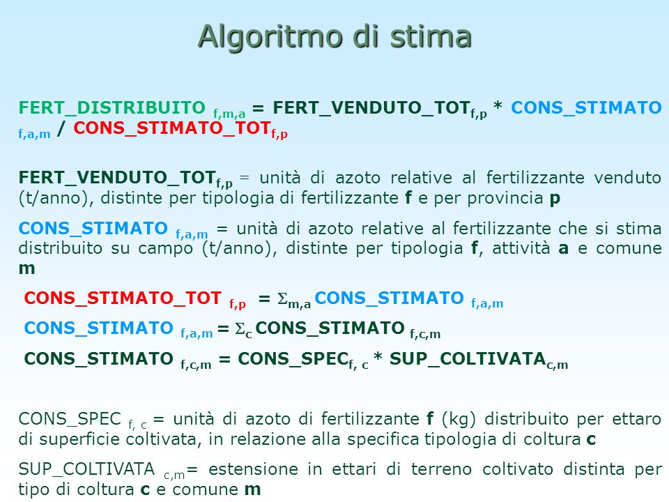 Algoritmo di stima FERT_DISTRIBUITO f,m,a = FERT_VENDUTO_TOT f,p * CONS_STIMATO f,a,m / CONS_STIMATO_TOT f,p FERT_VENDUTO_TOT f,p = unità di azoto relative al fertilizzante venduto (t/anno), distinte per tipologia di fertilizzante f e per provincia p CONS_STIMATO f,a,m = unità di azoto relative al fertilizzante che si stima distribuito su campo (t/anno), distinte per tipologia f, attività a e comune m CONS_STIMATO_TOT f,p = m,a CONS_STIMATO f,a,m CONS_STIMATO f,a,m = c CONS_STIMATO f,c,m CONS_STIMATO f,c,m = CONS_SPEC f, c * SUP_COLTIVATA c,m CONS_SPEC f, c = unità di azoto di fertilizzante f (kg) distribuito per ettaro di superficie coltivata, in relazione alla specifica tipologia di coltura c SUP_COLTIVATA c,m = estensione in ettari di terreno coltivato distinta per tipo di coltura c e comune m