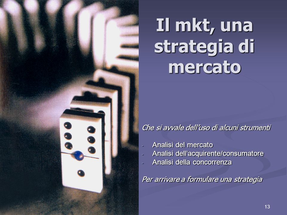 13 Il mkt, una strategia di mercato Che si avvale delluso di alcuni strumenti - Analisi del mercato - Analisi dellacquirente/consumatore - Analisi della concorrenza Per arrivare a formulare una strategia