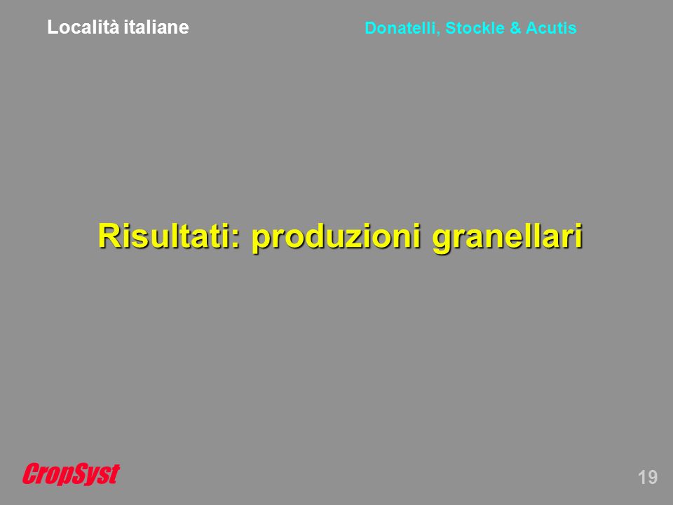 CropSyst 19 Donatelli, Stockle & Acutis Risultati: produzioni granellari Località italiane