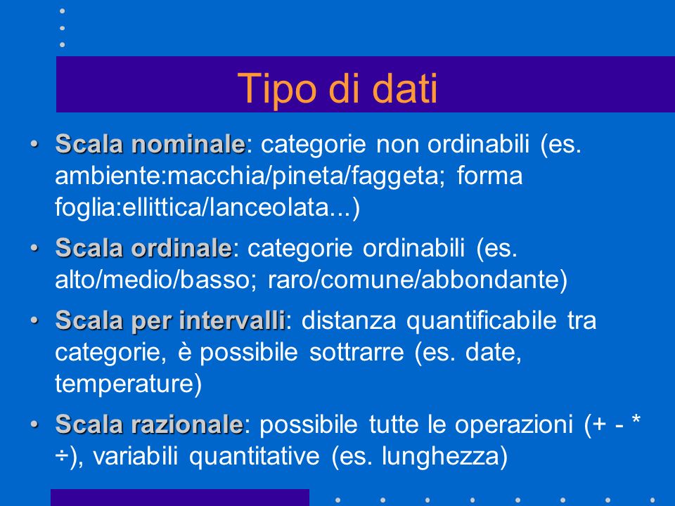 Tipo di dati Scala nominaleScala nominale: categorie non ordinabili (es.