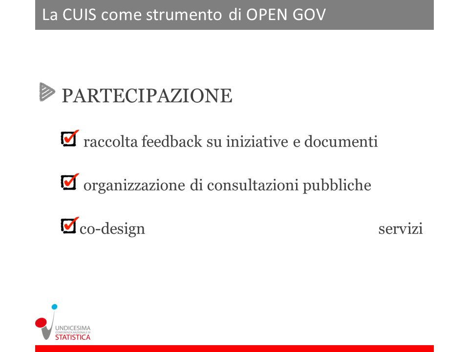 La CUIS come strumento di OPEN GOV PARTECIPAZIONE raccolta feedback su iniziative e documenti organizzazione di consultazioni pubbliche co-design servizi