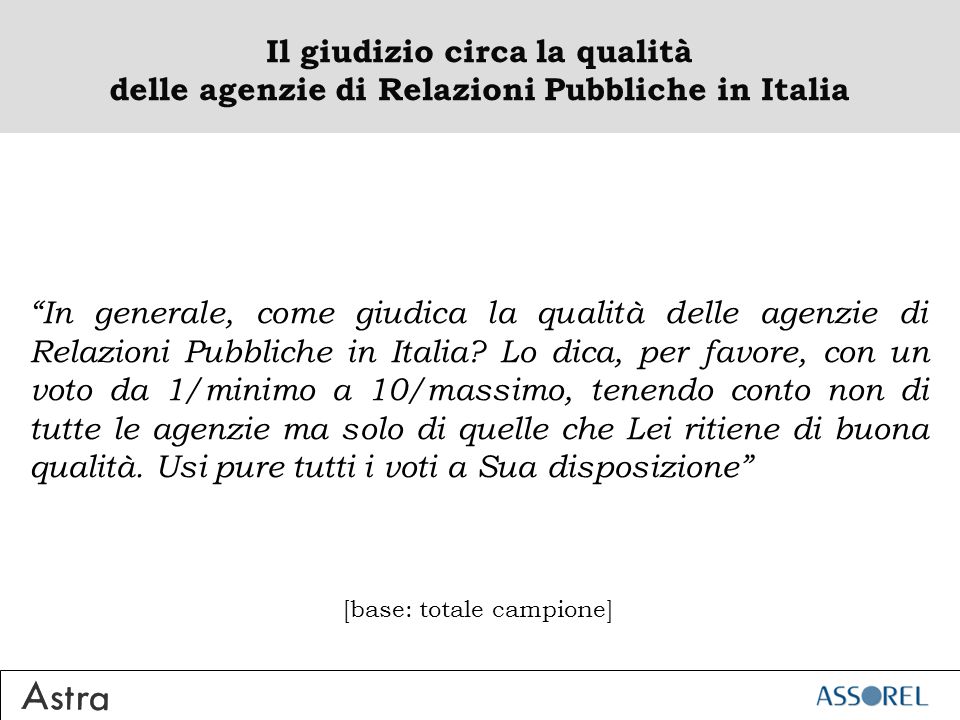 Il giudizio circa la qualità delle agenzie di Relazioni Pubbliche in Italia In generale, come giudica la qualità delle agenzie di Relazioni Pubbliche in Italia.
