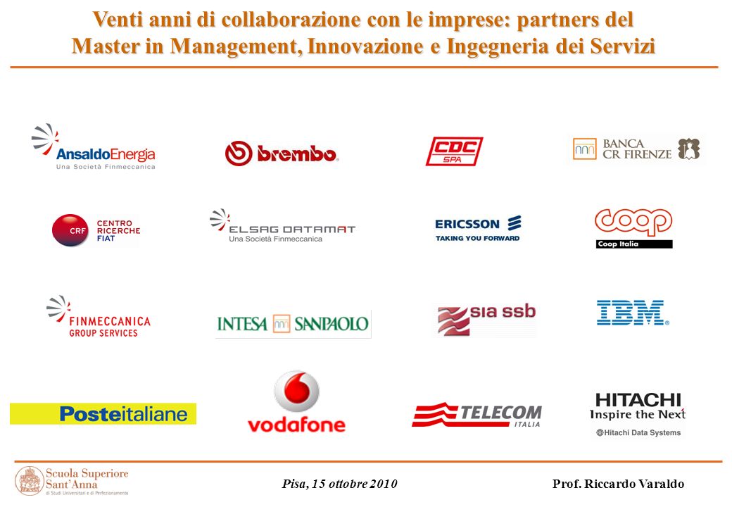 Venti anni di collaborazione con le imprese: partners del Master in Management, Innovazione e Ingegneria dei Servizi Pisa, 15 ottobre 2010 Prof.