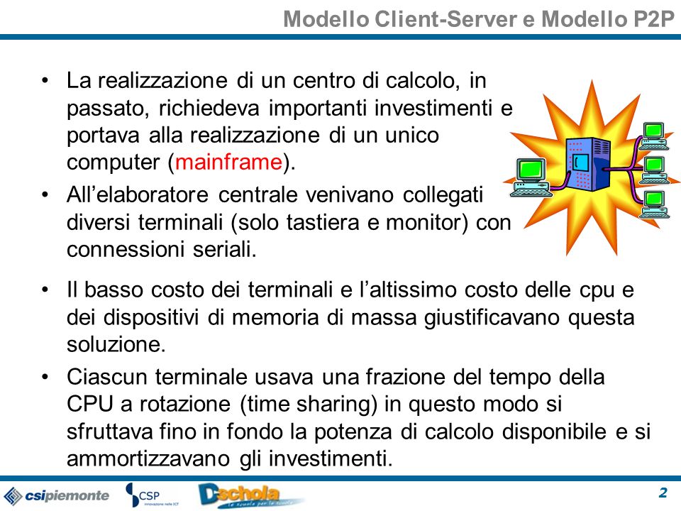 2 Modello Client-Server e Modello P2P La realizzazione di un centro di calcolo, in passato, richiedeva importanti investimenti e portava alla realizzazione di un unico computer (mainframe).