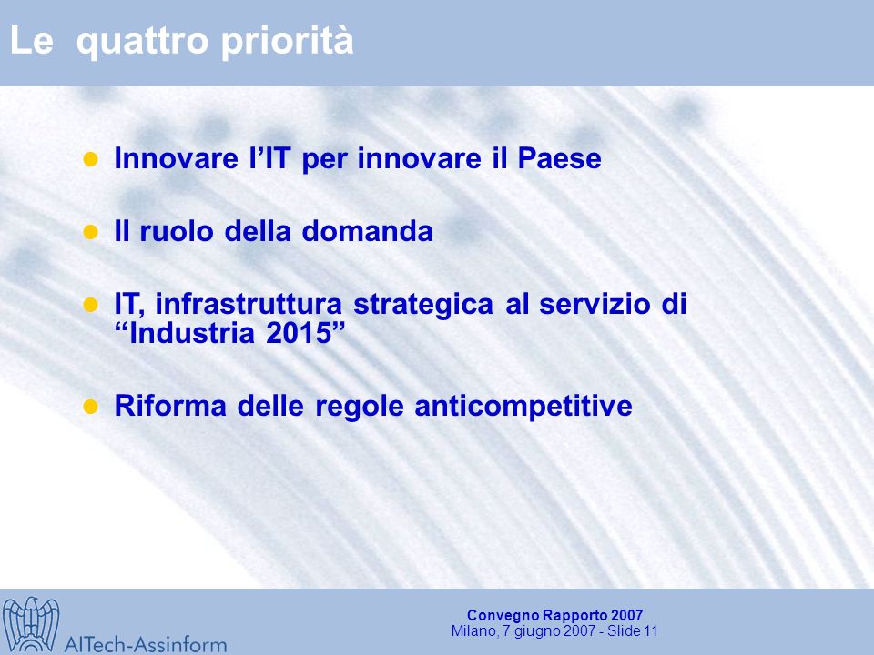 Convegno Rapporto 2007 Milano, 7 giugno Slide 10 Mercato del Sw e Servizi in Italia e Valore Aggiunto prodotto Valore aggiunto nel Sw e Servizi prodotto in Italia (2006) VA prodotto in Italia VA prodotto allestero +2,3% +1,7% +5,5% % % +1,6% +0,2% +5,1% +0.4% -0.1% Fonte: Aitech-Assinform/NetConsulting