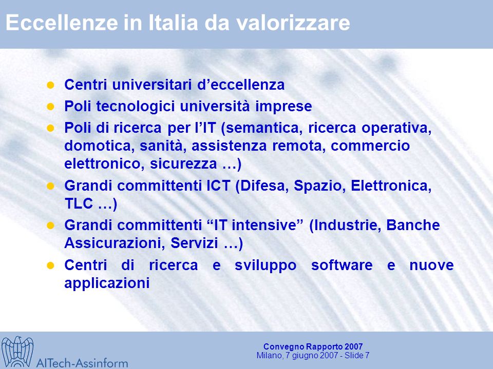 Convegno Rapporto 2007 Milano, 7 giugno Slide 6 Gli accessi a Banda Larga in Italia ( ) Valori in migliaia di accessi - Variazioni % % 8.0% +25.7% ,9% 40,1% +52,4% Fonte: Aitech-Assinform/NetConsulting