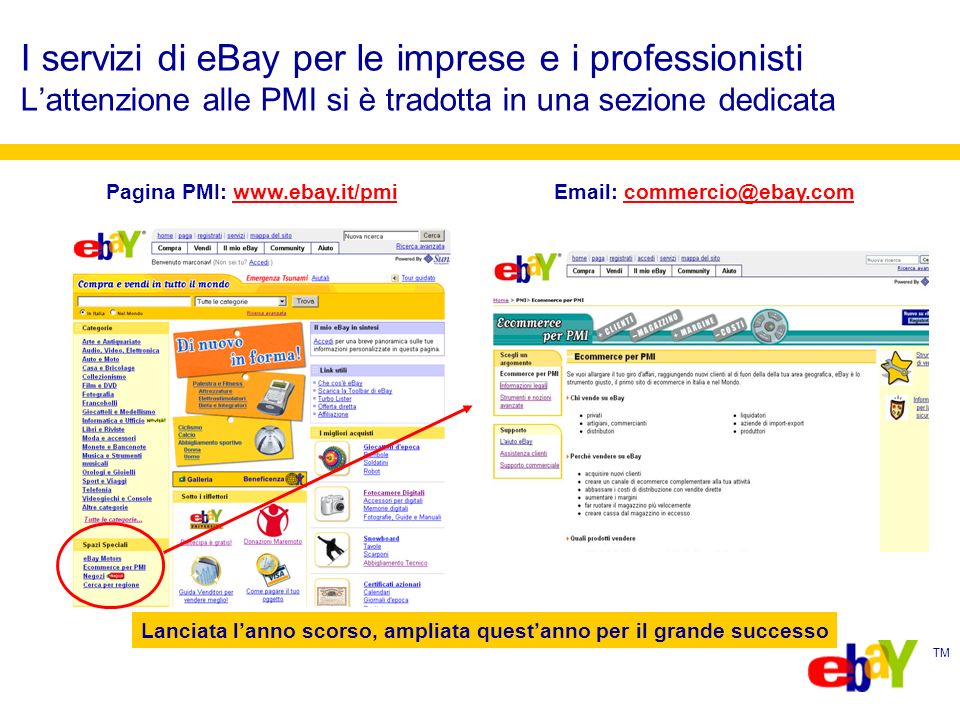 TM I servizi di eBay per le imprese e i professionisti Lattenzione alle PMI si è tradotta in una sezione dedicata Pagina PMI:     Lanciata lanno scorso, ampliata questanno per il grande successo