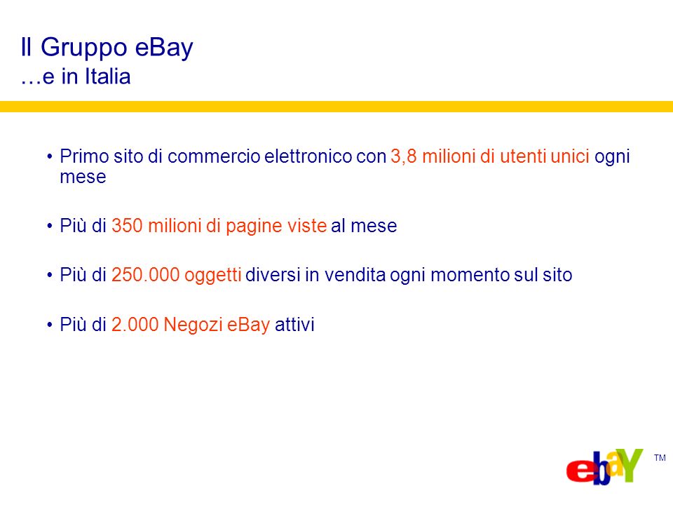 TM Primo sito di commercio elettronico con 3,8 milioni di utenti unici ogni mese Più di 350 milioni di pagine viste al mese Più di oggetti diversi in vendita ogni momento sul sito Più di Negozi eBay attivi Il Gruppo eBay …e in Italia