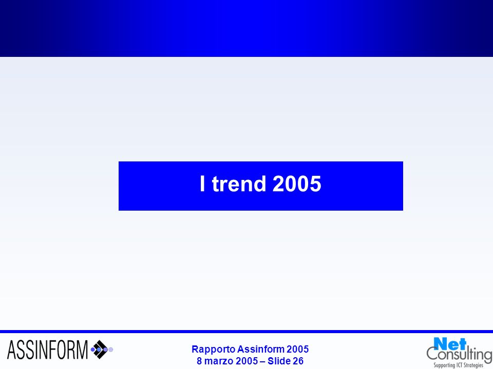 Rapporto Assinform marzo 2005 – Slide 25 LARPU dei servizi mobili in Italia (2002 – 2004) Fonte: NetConsulting ARPU Servizi mobili ( / anno per singolo utente e var.