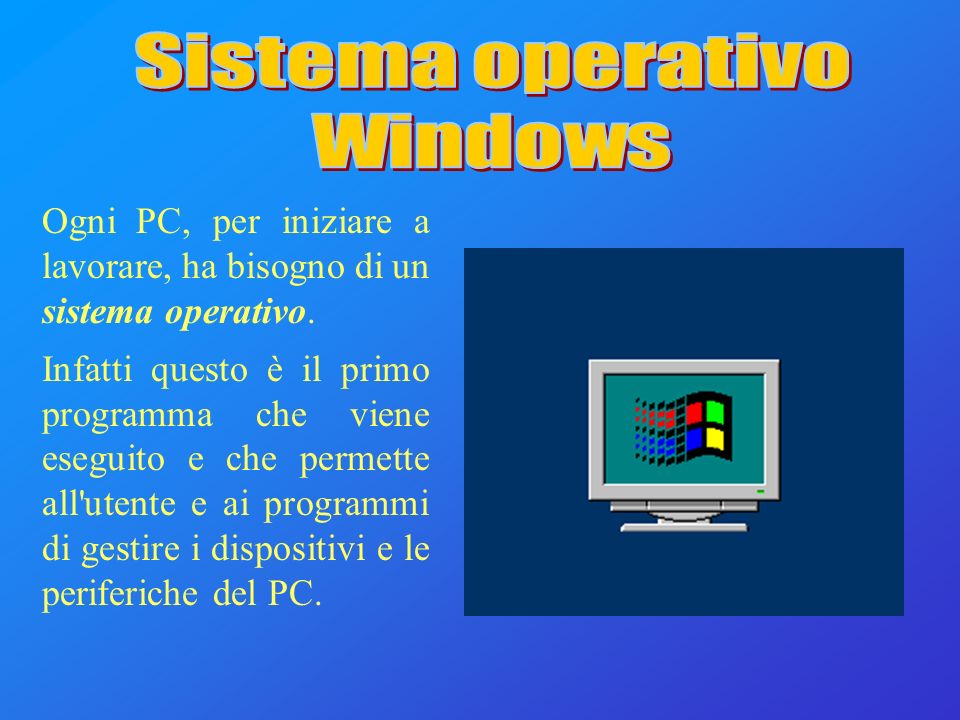 Ogni PC, per iniziare a lavorare, ha bisogno di un sistema operativo.