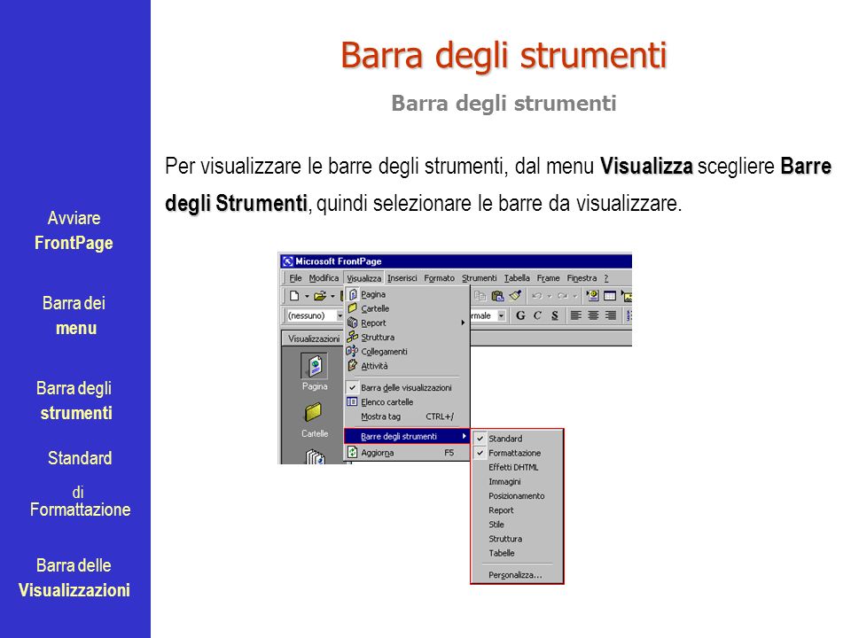Avviare FrontPage Barra dei menu Barra degli strumenti Standard Barra delle Visualizzazioni di Formattazione Barra degli strumenti VisualizzaBarre degli Strumenti Per visualizzare le barre degli strumenti, dal menu Visualizza scegliere Barre degli Strumenti, quindi selezionare le barre da visualizzare.
