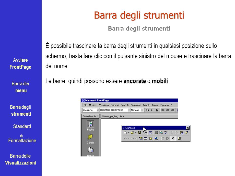Avviare FrontPage Barra dei menu Barra degli strumenti Standard Barra delle Visualizzazioni di Formattazione Barra degli strumenti È possibile trascinare la barra degli strumenti in qualsiasi posizione sullo schermo, basta fare clic con il pulsante sinistro del mouse e trascinare la barra del nome.