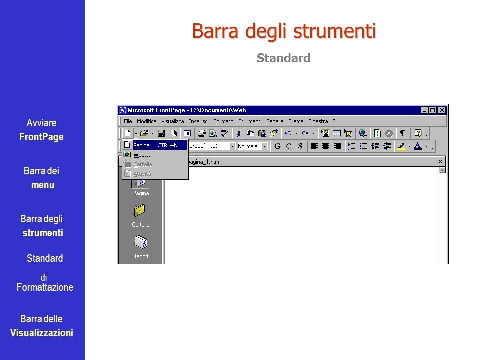 Avviare FrontPage Barra dei menu Barra degli strumenti Standard Barra delle Visualizzazioni di Formattazione Barra degli strumenti Standard
