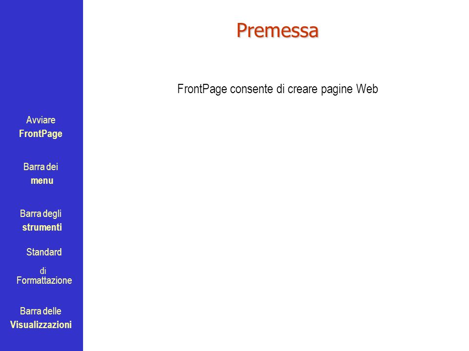 Avviare FrontPage Barra dei menu Barra degli strumenti Standard Barra delle Visualizzazioni di FormattazionePremessa FrontPage consente di creare pagine Web