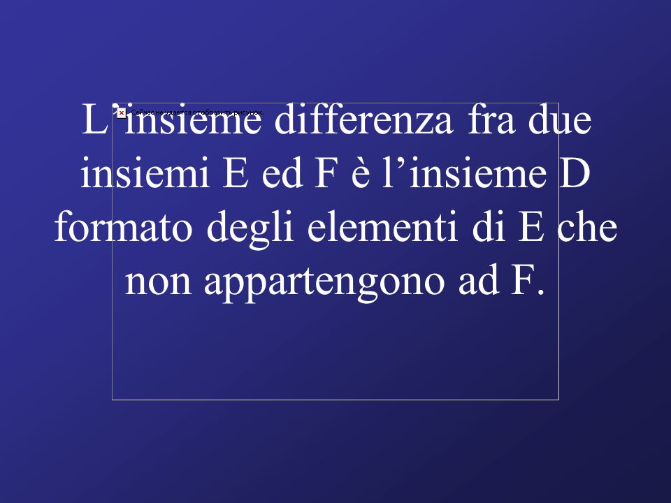 Linsieme differenza fra due insiemi E ed F è linsieme D formato degli elementi di E che non appartengono ad F.
