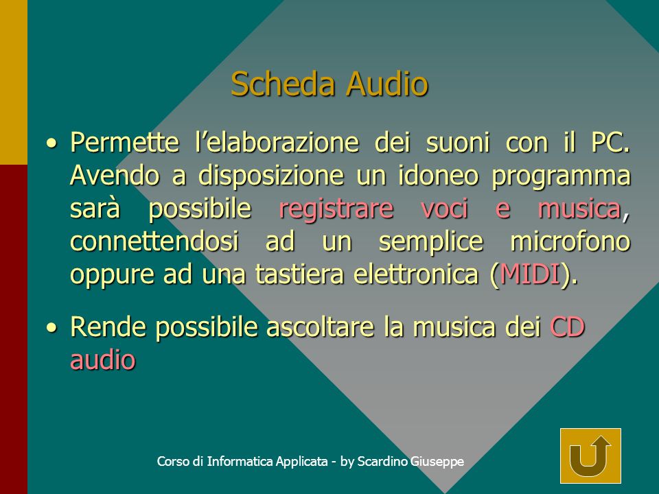 Corso di Informatica Applicata - by Scardino Giuseppe Scheda Audio Permette lelaborazione dei suoni con il PC.