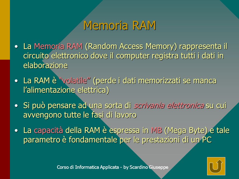 Corso di Informatica Applicata - by Scardino Giuseppe Memoria RAM La Memoria RAM (Random Access Memory) rappresenta il circuito elettronico dove il computer registra tutti i dati in elaborazioneLa Memoria RAM (Random Access Memory) rappresenta il circuito elettronico dove il computer registra tutti i dati in elaborazione La RAM è volatile (perde i dati memorizzati se manca lalimentazione elettrica)La RAM è volatile (perde i dati memorizzati se manca lalimentazione elettrica) Si può pensare ad una sorta di scrivania elettronica su cui avvengono tutte le fasi di lavoroSi può pensare ad una sorta di scrivania elettronica su cui avvengono tutte le fasi di lavoro La capacità della RAM è espressa in MB (Mega Byte) e tale parametro è fondamentale per le prestazioni di un PCLa capacità della RAM è espressa in MB (Mega Byte) e tale parametro è fondamentale per le prestazioni di un PC