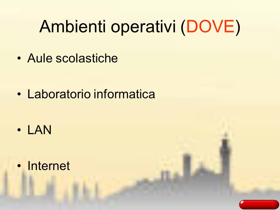 Ambienti operativi (DOVE) Aule scolastiche Laboratorio informatica LAN Internet