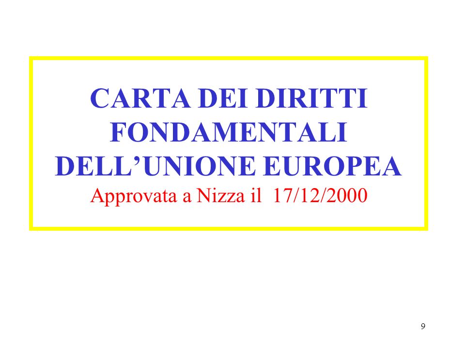 9 CARTA DEI DIRITTI FONDAMENTALI DELLUNIONE EUROPEA Approvata a Nizza il 17/12/2000