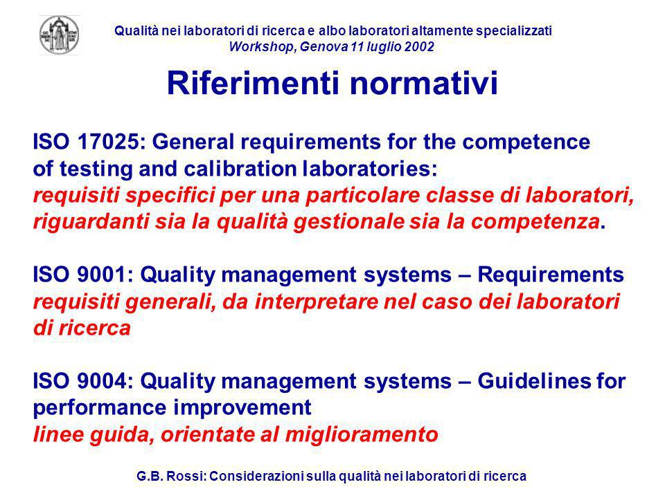 Qualità nei laboratori di ricerca e albo laboratori altamente specializzati Workshop, Genova 11 luglio 2002 G.B.