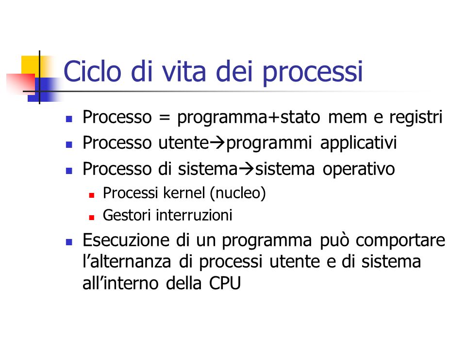 Ciclo di vita dei processi Processo = programma+stato mem e registri Processo utente programmi applicativi Processo di sistema sistema operativo Processi kernel (nucleo) Gestori interruzioni Esecuzione di un programma può comportare lalternanza di processi utente e di sistema allinterno della CPU