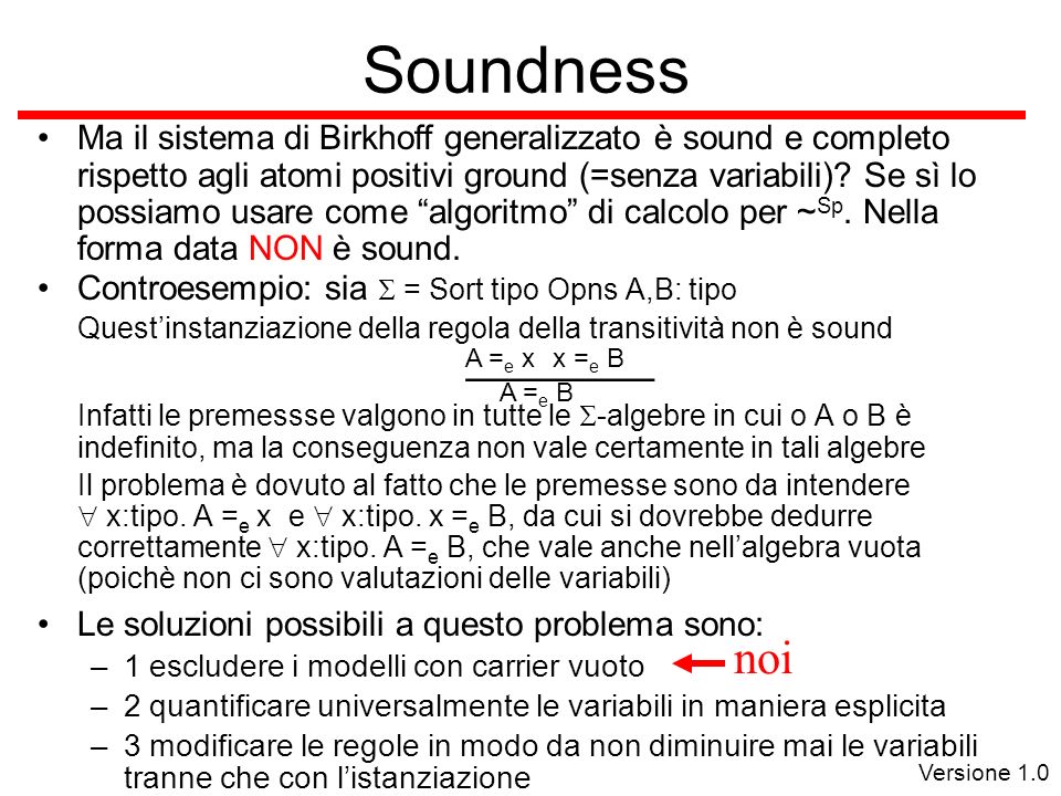 Versione 1.0 Soundness Ma il sistema di Birkhoff generalizzato è sound e completo rispetto agli atomi positivi ground (=senza variabili).