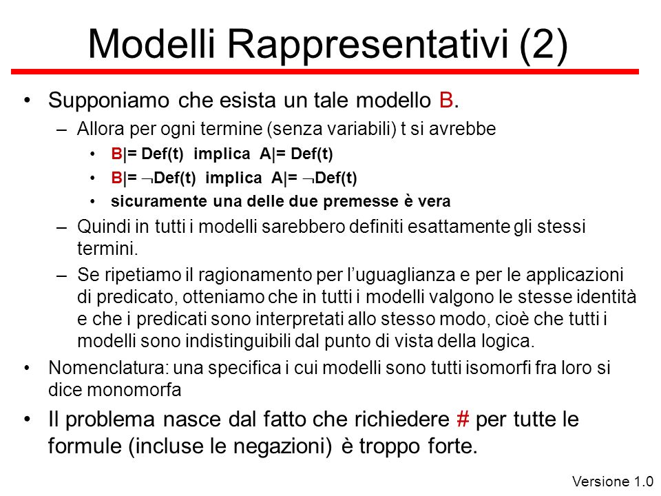 Versione 1.0 Modelli Rappresentativi (2) Supponiamo che esista un tale modello B.