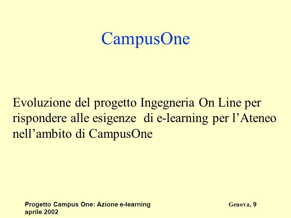 Progetto Campus One: Azione e-learningGenova, 9 aprile 2002 CampusOne Evoluzione del progetto Ingegneria On Line per rispondere alle esigenze di e-learning per lAteneo nellambito di CampusOne
