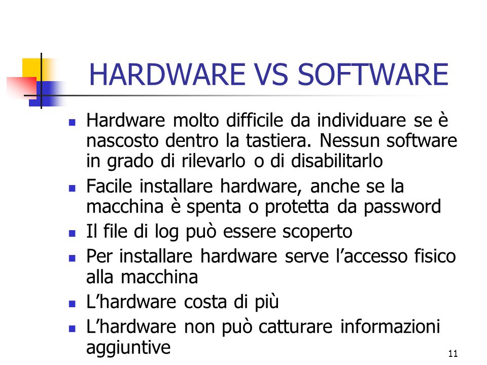 11 HARDWARE VS SOFTWARE Hardware molto difficile da individuare se è nascosto dentro la tastiera.