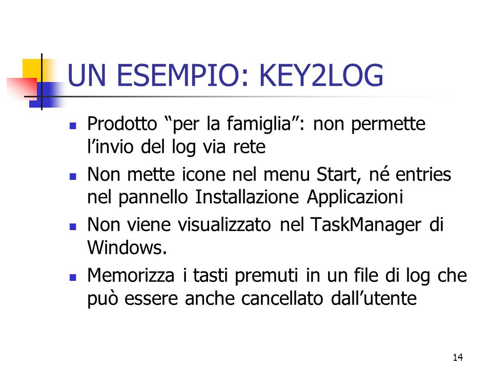 14 UN ESEMPIO: KEY2LOG Prodotto per la famiglia: non permette linvio del log via rete Non mette icone nel menu Start, né entries nel pannello Installazione Applicazioni Non viene visualizzato nel TaskManager di Windows.
