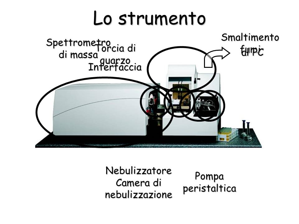 Lo strumento Pompa peristaltica Nebulizzatore Camera di nebulizzazione Smaltimento fumi Spettrometro di massa al PC Torcia di quarzo Interfaccia