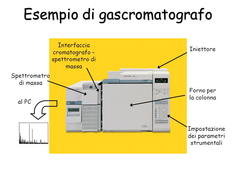 Esempio di gascromatografo Forno per la colonna Iniettore Impostazione dei parametri strumentali Interfaccia cromatografo – spettrometro di massa Spettrometro di massa al PC