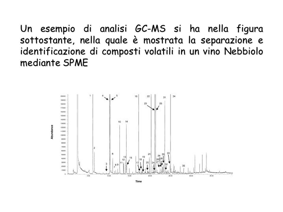 Un esempio di analisi GC-MS si ha nella figura sottostante, nella quale è mostrata la separazione e identificazione di composti volatili in un vino Nebbiolo mediante SPME