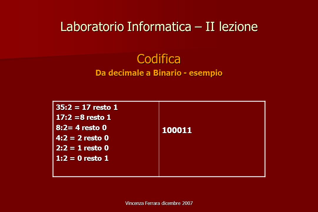 Vincenza Ferrara dicembre 2007 Laboratorio Informatica – II lezione Codifica Da decimale a Binario - esempio 35:2 = 17 resto 1 17:2 =8 resto 1 8:2= 4 resto 0 4:2 = 2 resto 0 2:2 = 1 resto 0 1:2 = 0 resto