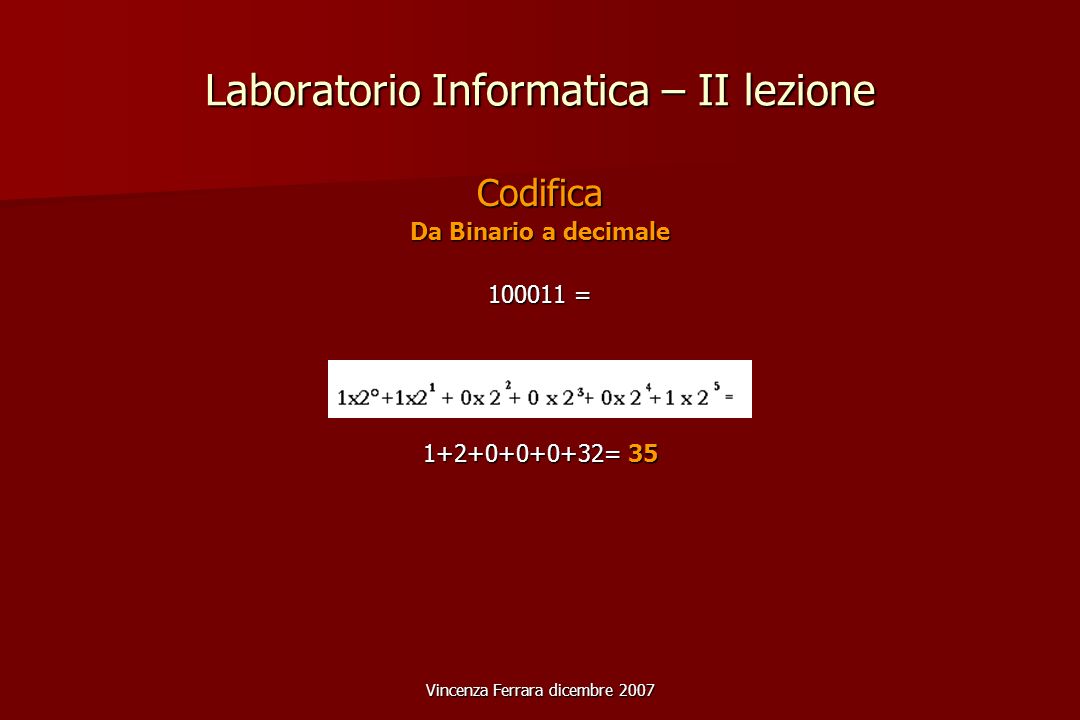 Vincenza Ferrara dicembre 2007 Laboratorio Informatica – II lezione Codifica Da Binario a decimale = = 35