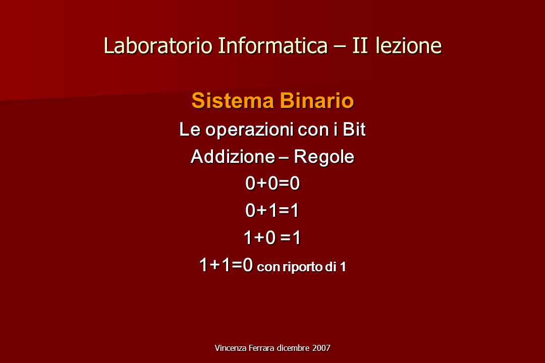 Vincenza Ferrara dicembre 2007 Laboratorio Informatica – II lezione Sistema Binario Le operazioni con i Bit Addizione – Regole 0+0=00+1=1 1+0 =1 1+1=0 con riporto di 1