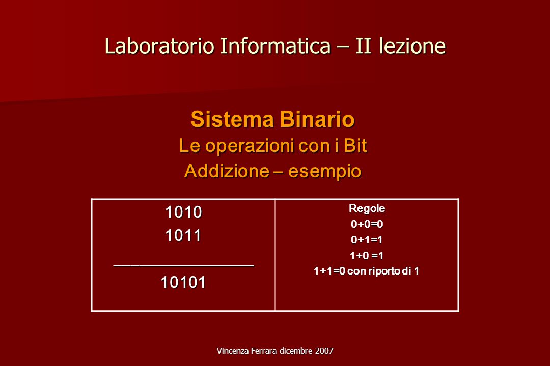 Vincenza Ferrara dicembre 2007 Laboratorio Informatica – II lezione Sistema Binario Le operazioni con i Bit Addizione – esempio _________________10101Regole0+0=00+1=1 1+0 =1 1+1=0 con riporto di 1