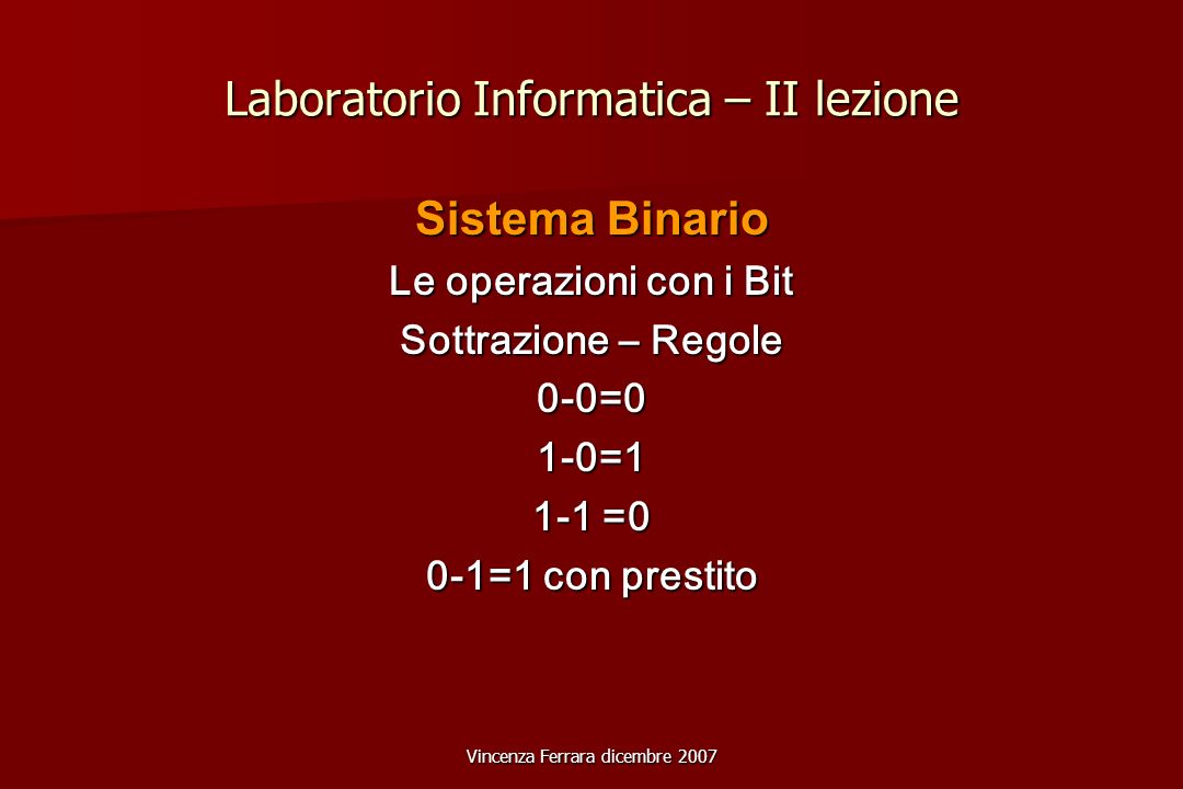 Vincenza Ferrara dicembre 2007 Laboratorio Informatica – II lezione Sistema Binario Le operazioni con i Bit Sottrazione – Regole 0-0=01-0=1 1-1 =0 0-1=1 con prestito