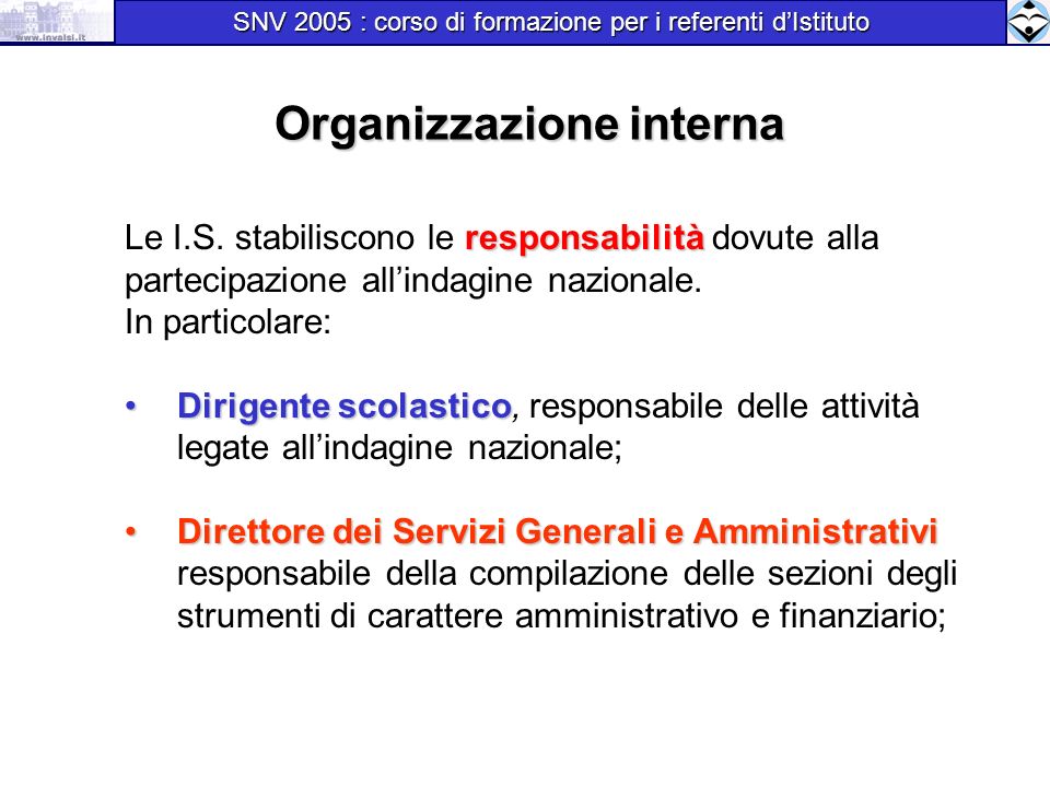 Organizzazione interna SNV 2005 : corso di formazione per i referenti dIstituto SNV 2005 : corso di formazione per i referenti dIstituto responsabilità Le I.S.