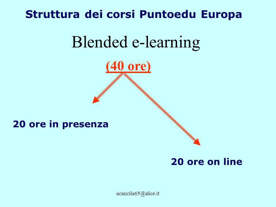 Struttura dei corsi Puntoedu Europa 20 ore in presenza 20 ore on line (40 ore) Blended e-learning