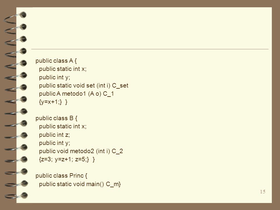 15 public class A { public static int x; public int y; public static void set (int i) C_set public A metodo1 (A o) C_1 {y=x+1;} } public class B { public static int x; public int z; public int y; public void metodo2 (int i) C_2 {z=3; y=z+1; z=5;} } public class Princ { public static void main() C_m}