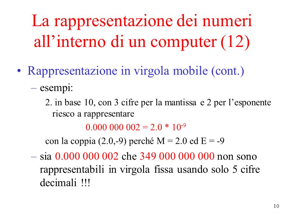10 La rappresentazione dei numeri allinterno di un computer (12) Rappresentazione in virgola mobile (cont.) –esempi: 2.