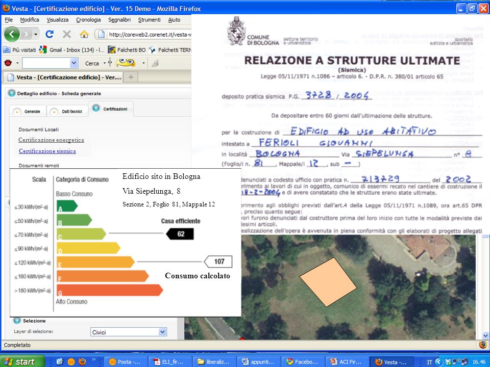 13 Certificazione energetica Certificazione sismica Consumo calcolato Edificio sito in Bologna Via Siepelunga, 8 Sezione 2, Foglio 81, Mappale 12